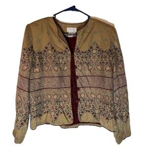 Vtg Papell Petites Jacket 14 100% Silk Taupe Green Burgundy Floral Sequin Dressy